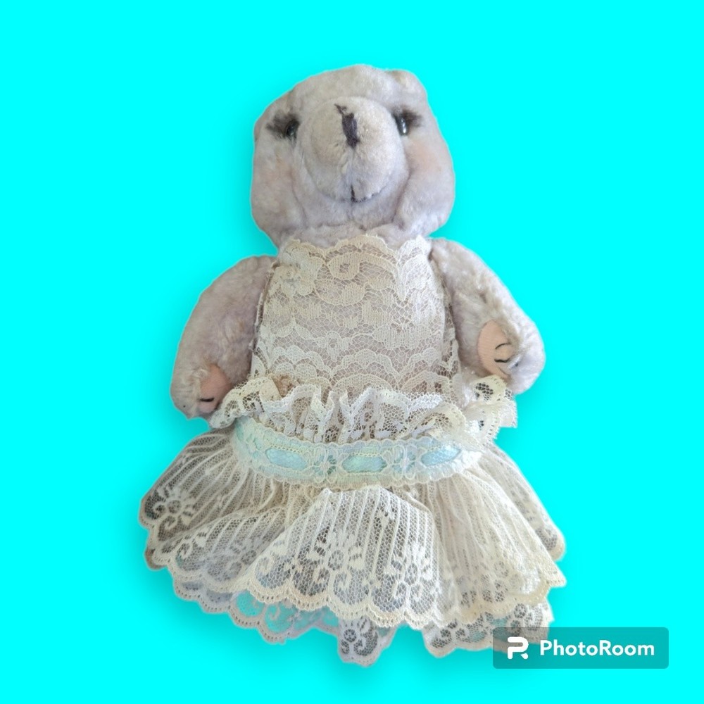 Vintage 8" Unbranded Lacey Teddy Bear Moveable Arms Legs Plush Stuffed Animal